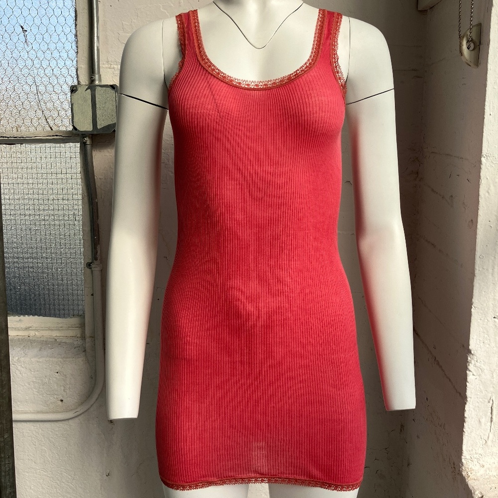 Eres pink ribbed tank dress/top with lace trim US Medium